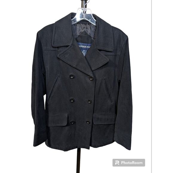 London Fog Black‎ Pea Coat Size M Petite Double Breasted Lined Pockets - Picture 1 of 8